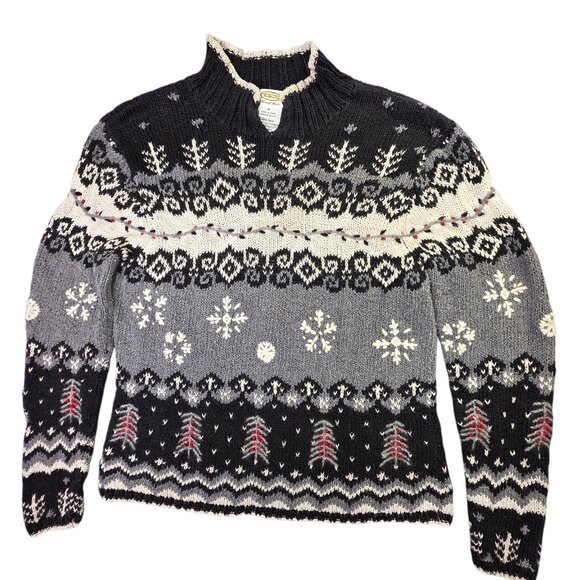 Talbots Sweater Women M Black Fair Isle Snowflake Handknit Linen Blend Mock Neck - Picture 1 of 12